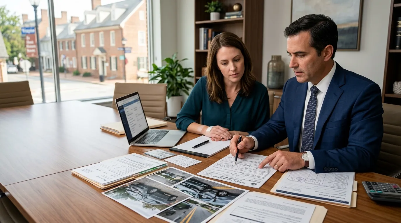 Williamsburg car accident attorney reviewing an injury claim with a client
