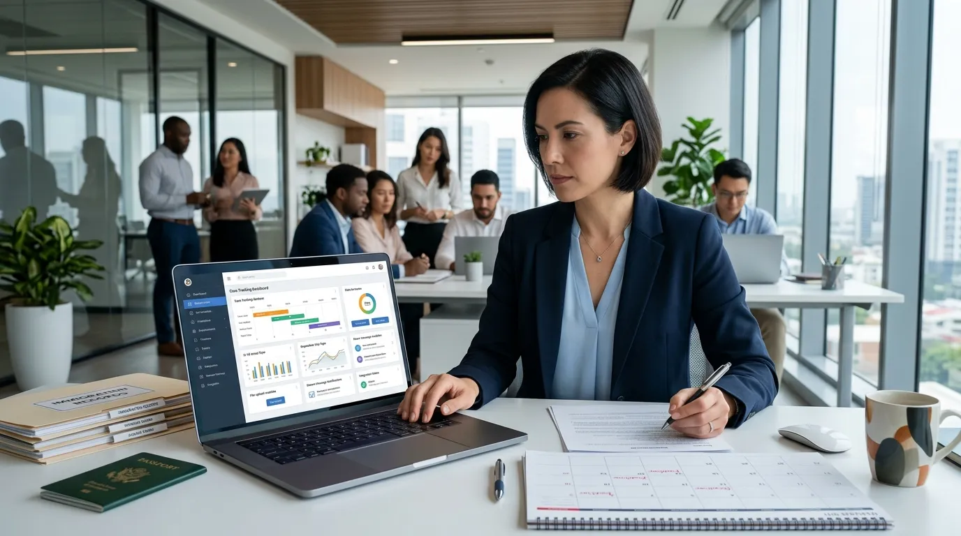 Employer immigration software dashboard showing visa cases expiration alerts and document tracking
