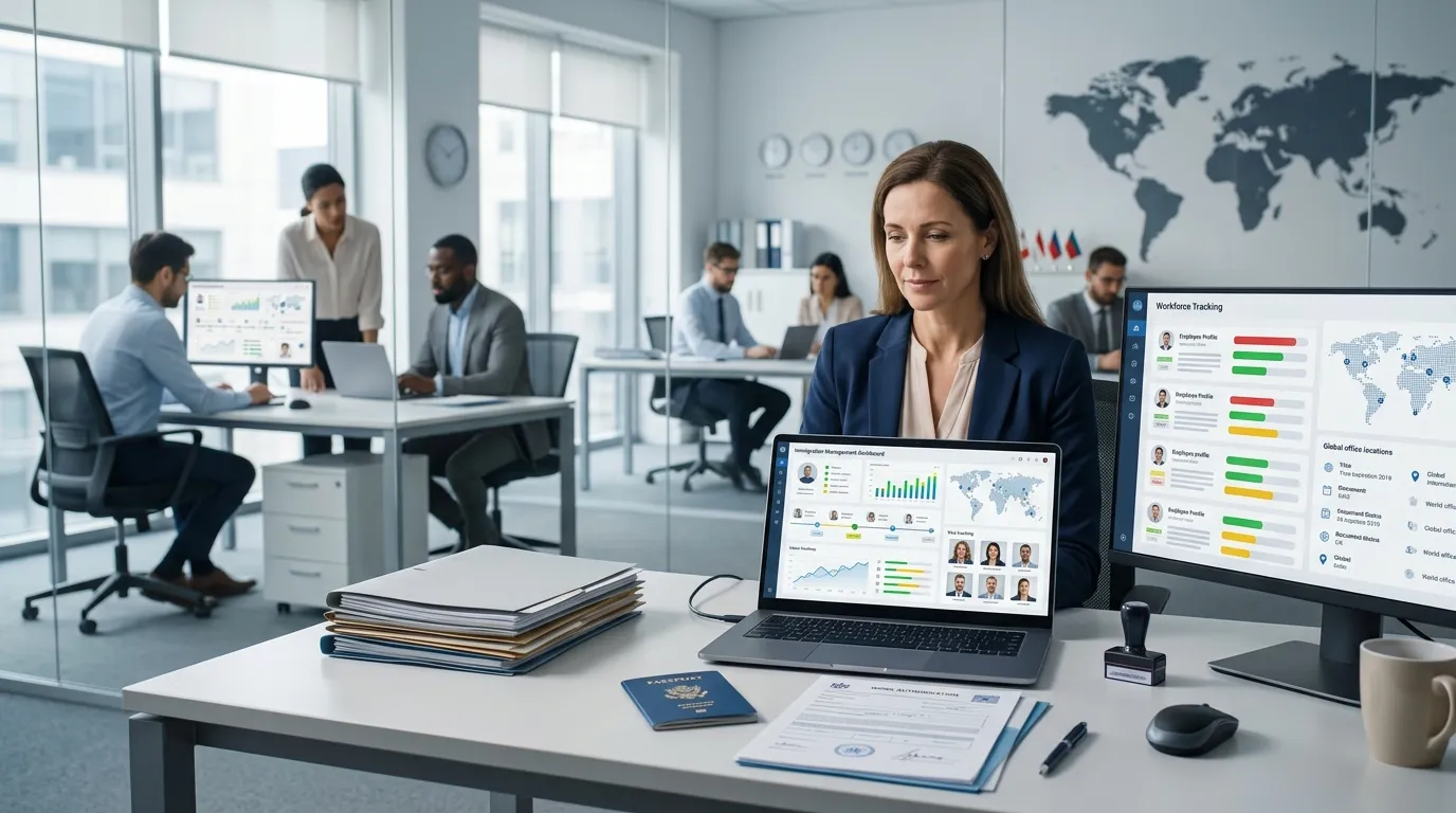 Immigration management software dashboard for employers tracking employee visas and work authorization