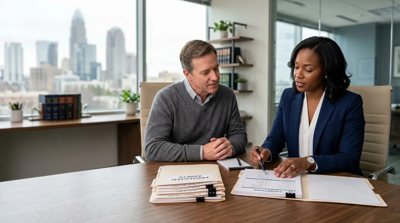 Bankruptcy attorney reviewing protected assets with client