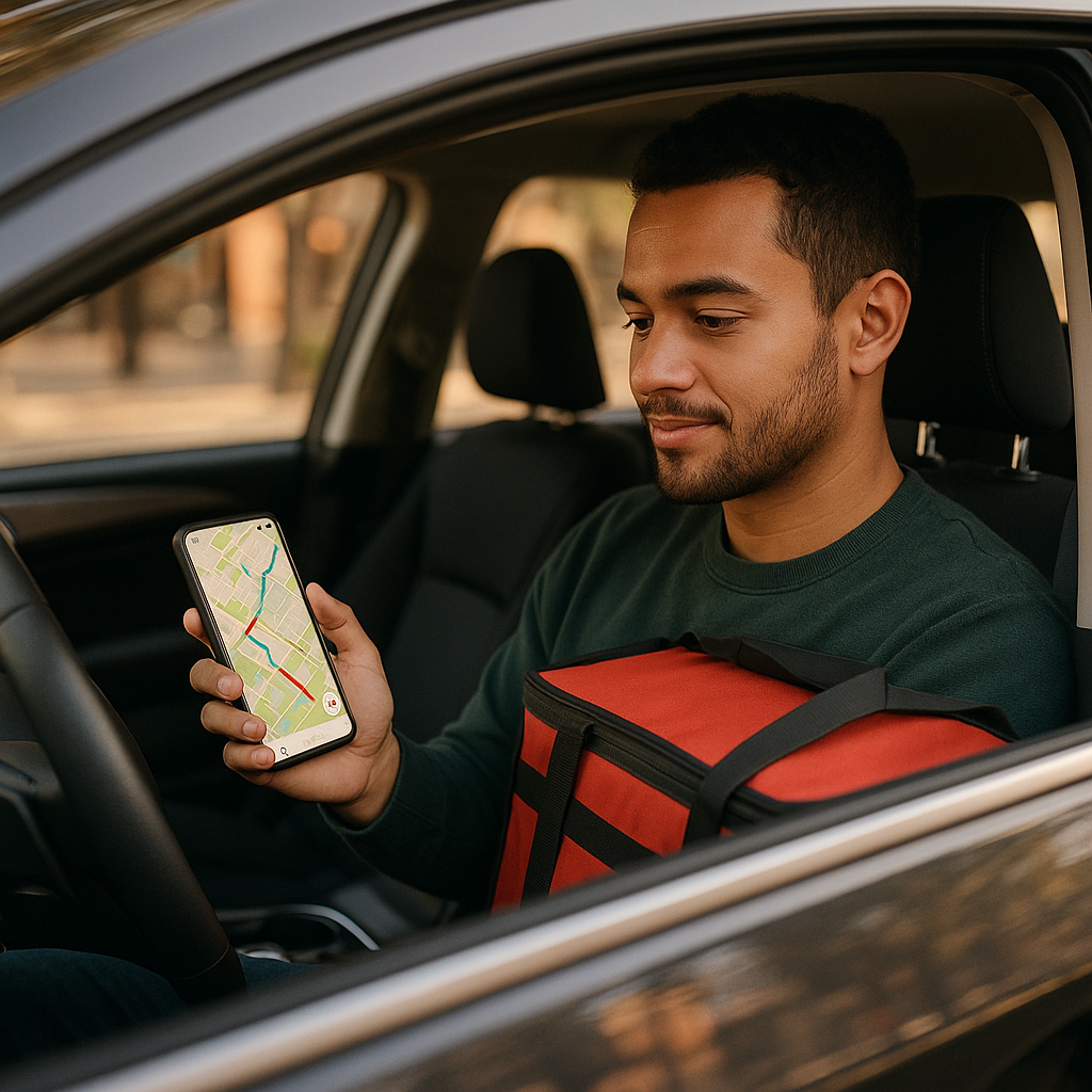 Gig worker misclassification, an Uber and DoorDash driver checking a delivery route on a smartphone in his car