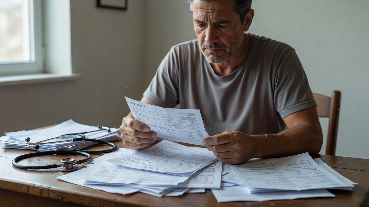 Surprise medical billing, a worried patient reviewing confusing hospital bills and insurance paperwork at a table with a stethoscope