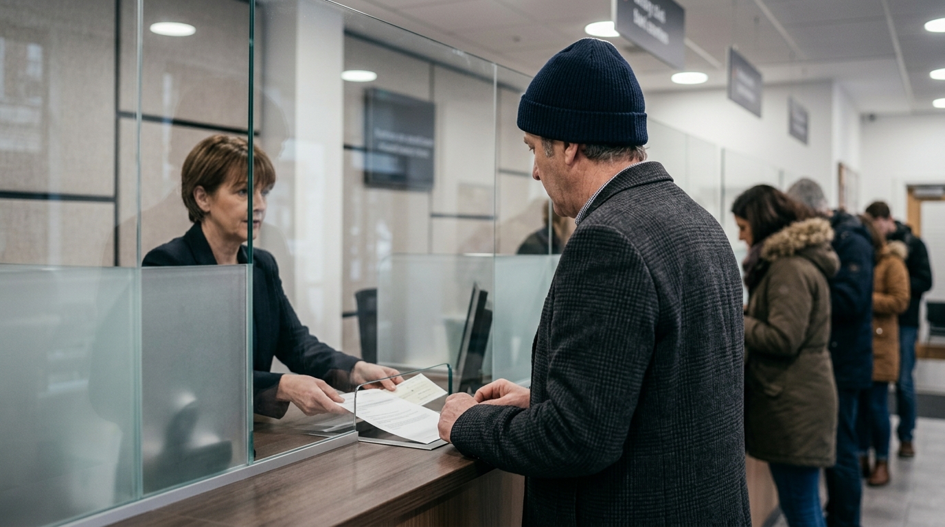Bank account closed without explanation, a customer at a bank counter receiving a closure notice and cashier's check from a teller