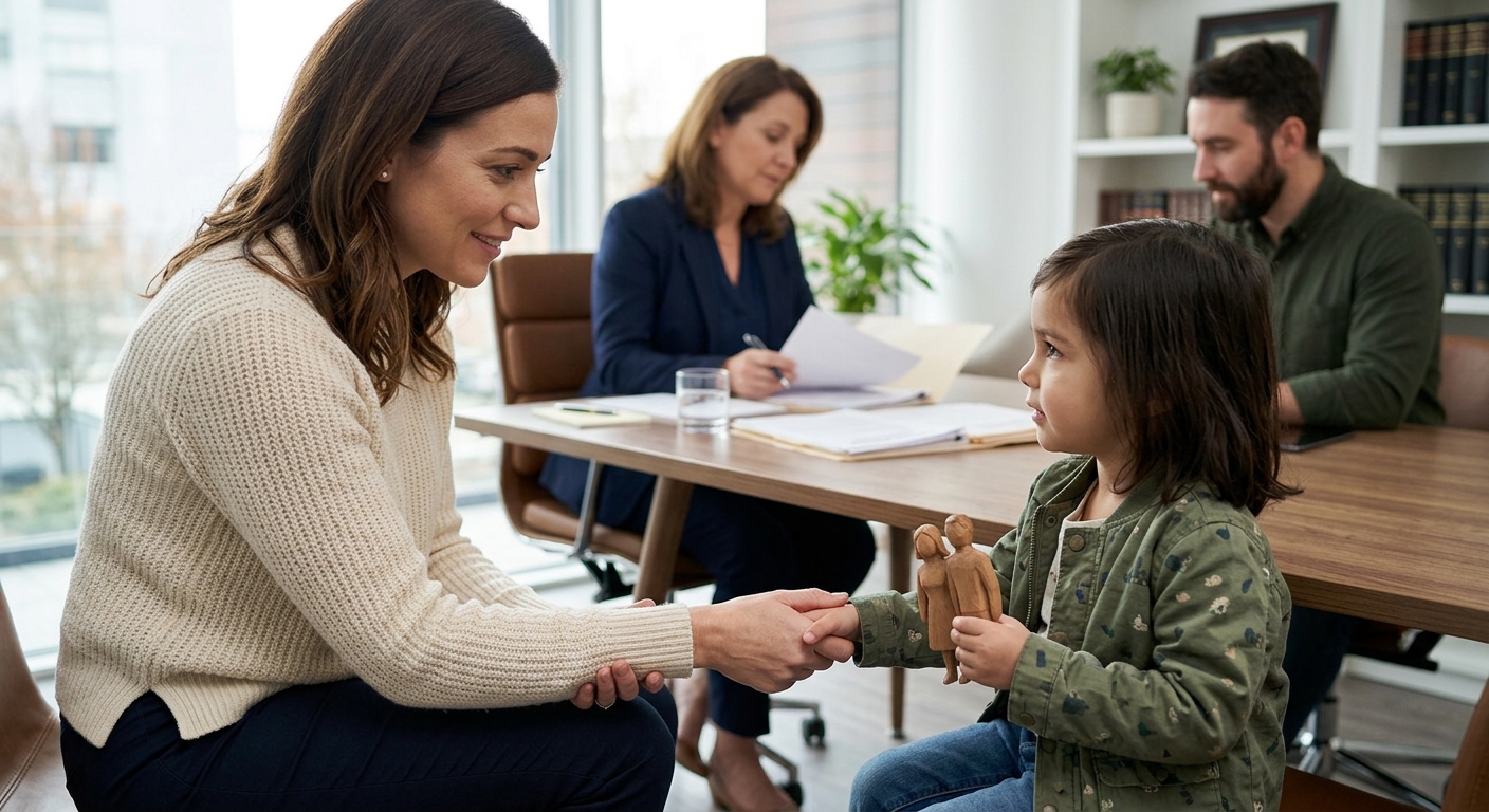 A family law attorney meeting with parents to explain child custody laws in a professional office