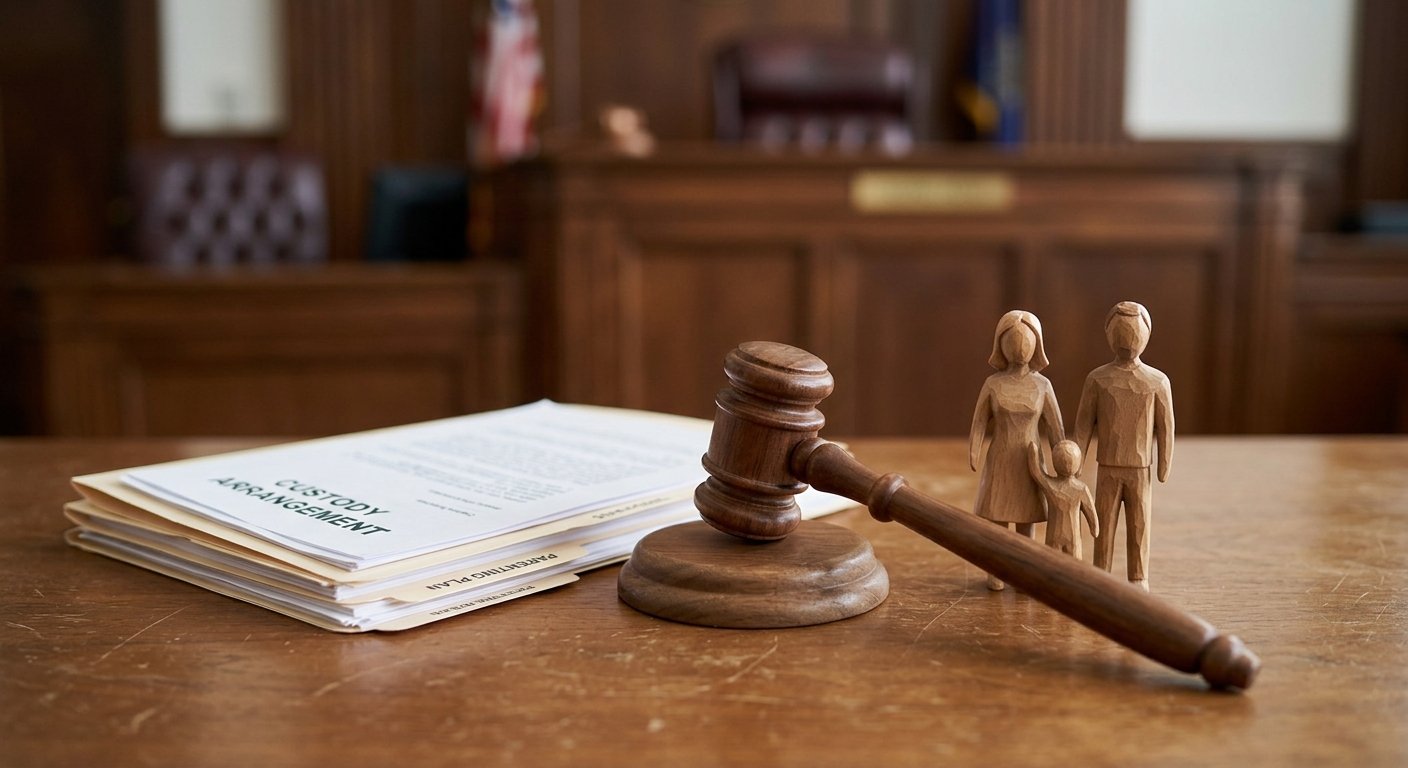 Child custody legal documents next to a judge's gavel representing child custody laws in family court