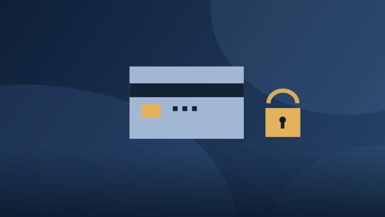 Bank account closed without explanation, illustration of a debit card and locked padlock on a dark navy background