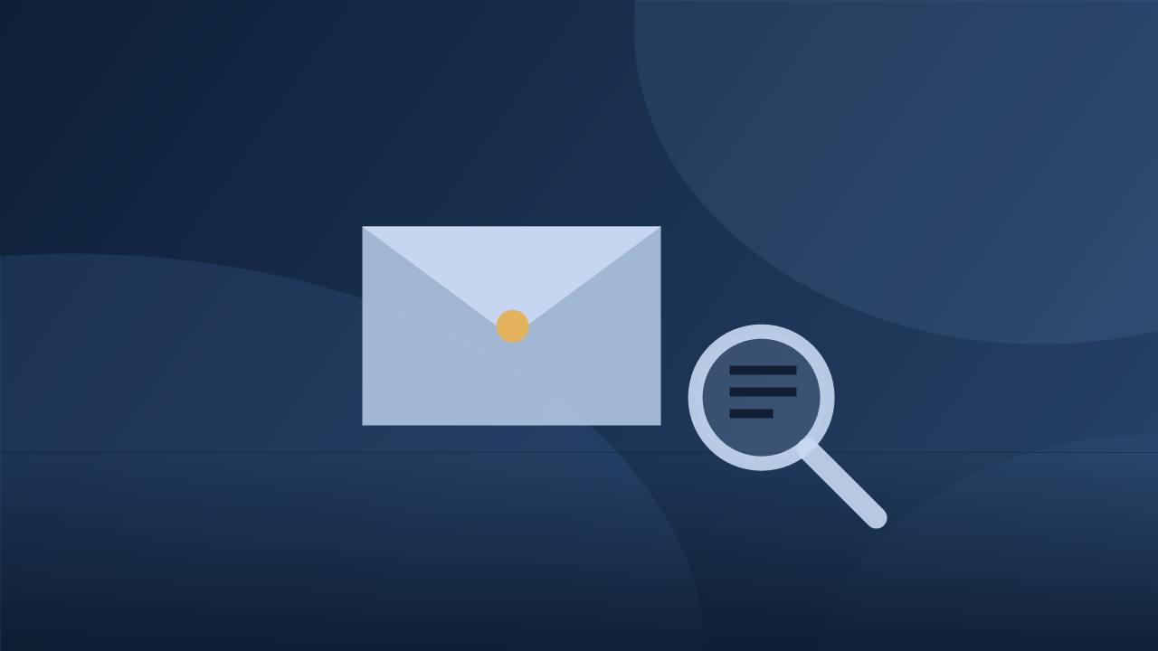 Bank account closed without explanation, illustration of a complaint envelope and a magnifying glass over bank account documents on a dark navy background