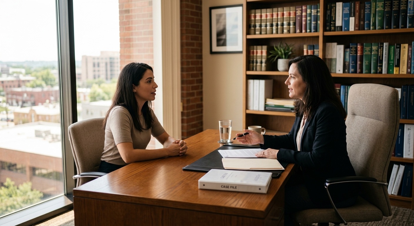 A divorce attorney consulting with a client about the divorce process in a modern law office