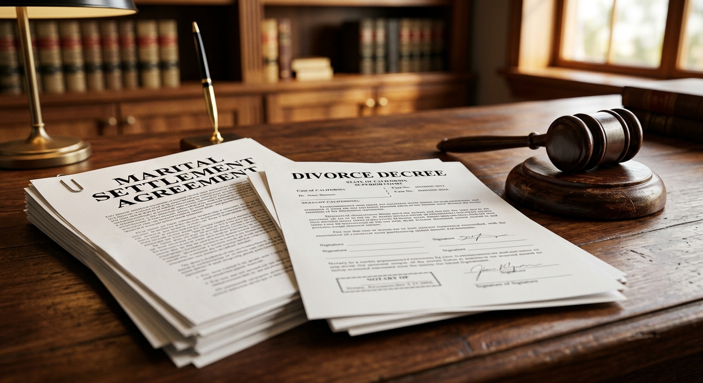 Divorce decree paperwork and a judge's gavel on a desk representing the final divorce judgment