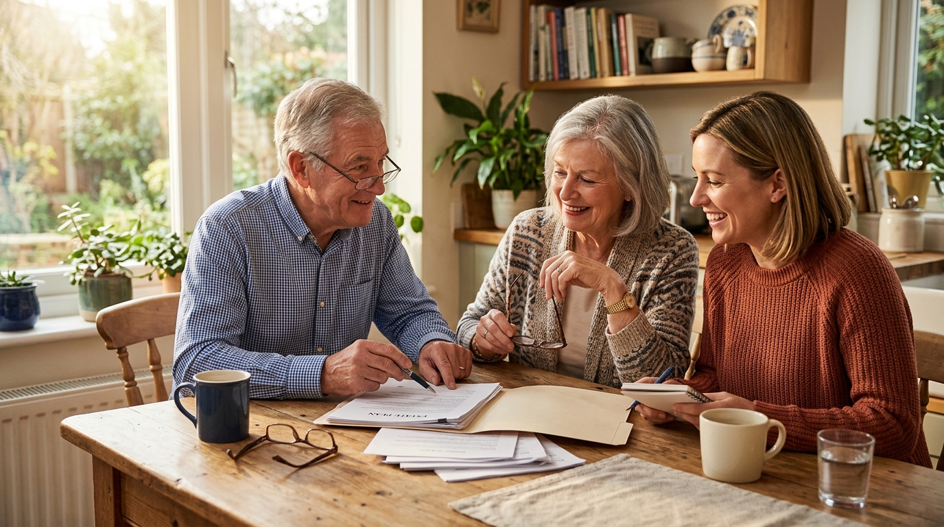 Estate planning attorney reviewing an estate plan and will documents with a family at their kitchen table