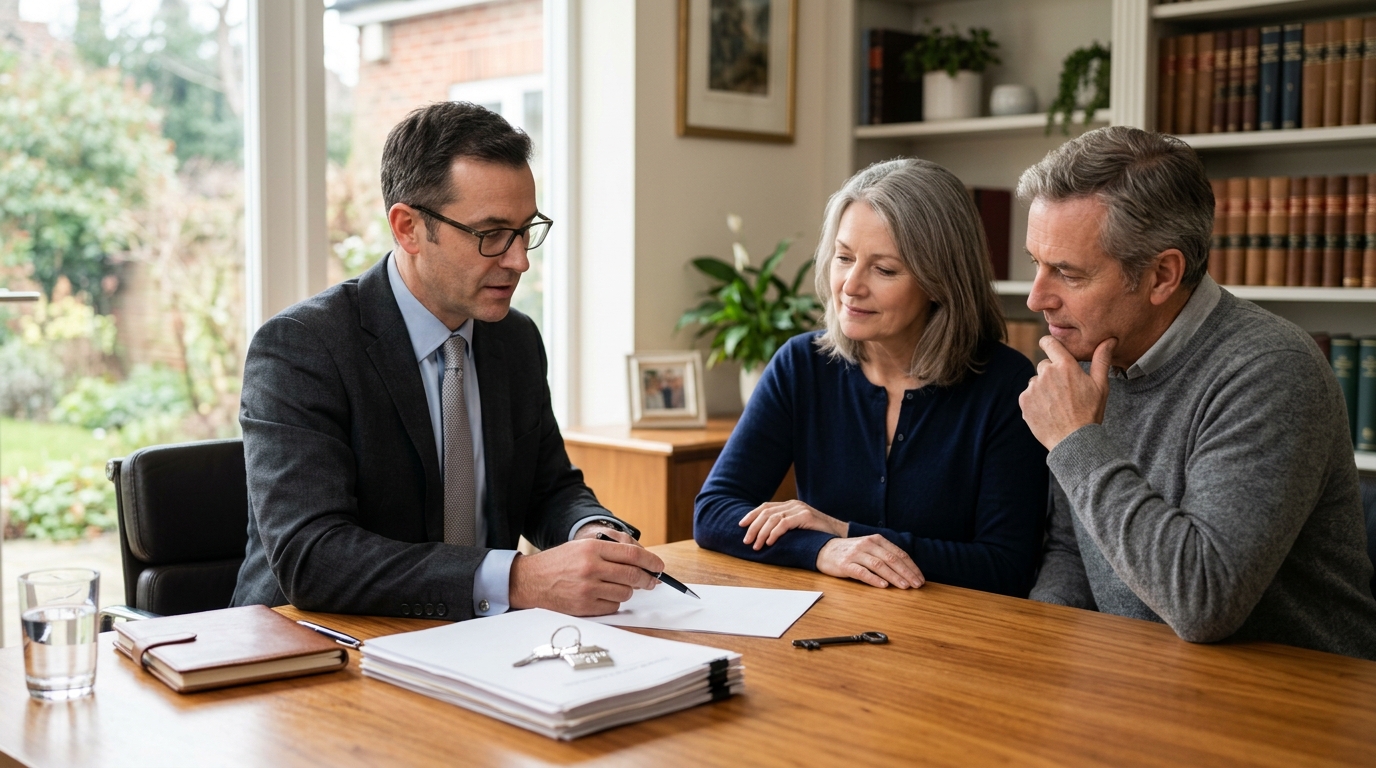 Estate planning attorney explaining trust funding and home titling documents to a senior couple