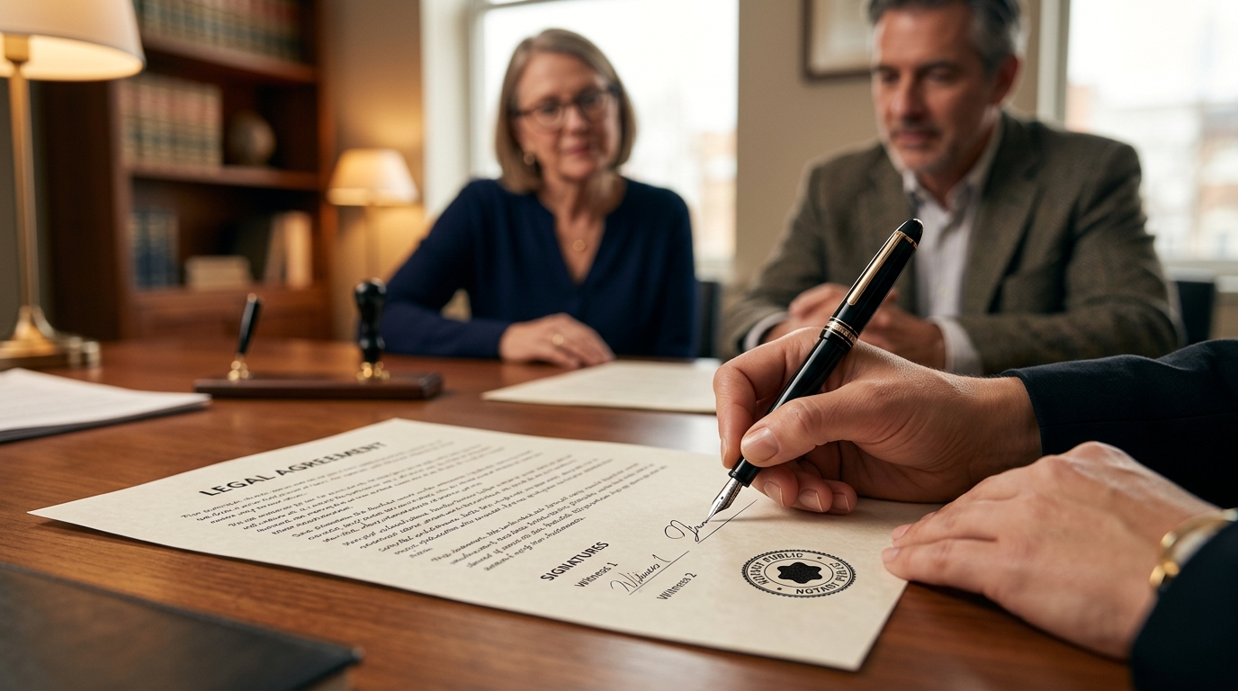 Couple signing a will before a notary public as part of an estate plan prepared by an estate planning attorney