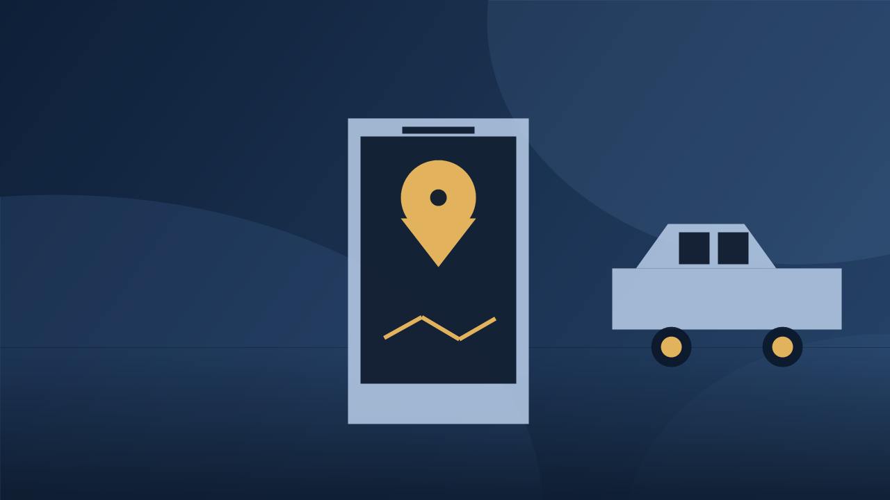 Gig worker misclassification, illustration of a smartphone location pin and delivery car on a dark navy background