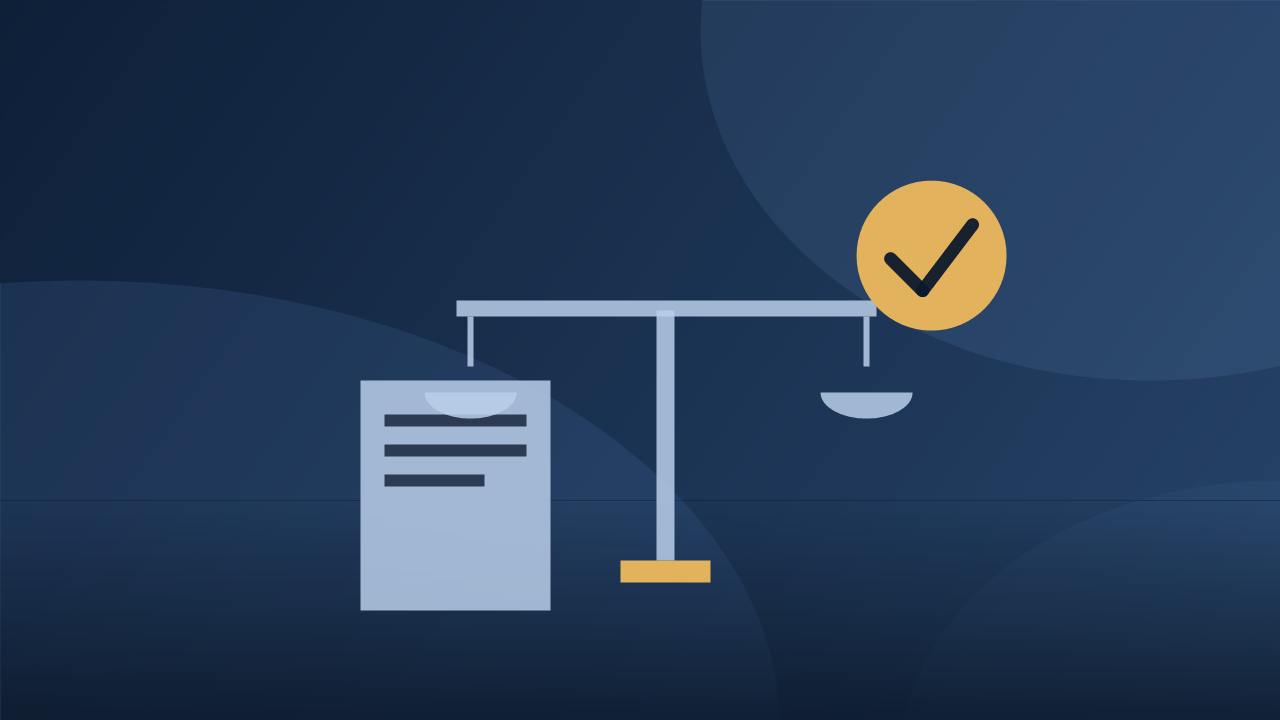 Gig worker misclassification claim, illustration of a balance scale weighing documents with a checkmark on a dark navy background