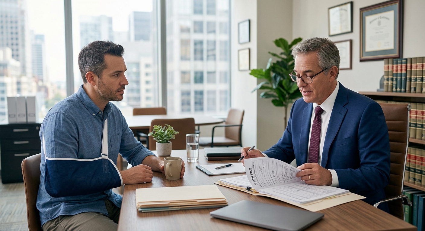 An injured worker meeting with a workers compensation lawyer about a workplace injury claim