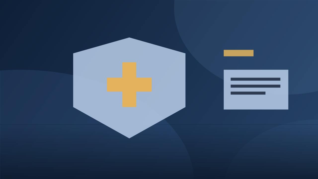 Surprise medical billing, illustration of a medical shield with a cross and billing documents on a dark navy background