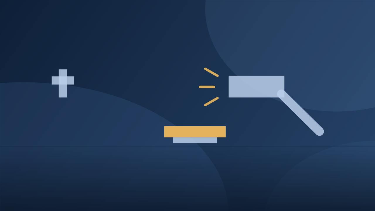 Surprise medical billing dispute, illustration of a gavel and hospital cross on a dark navy background
