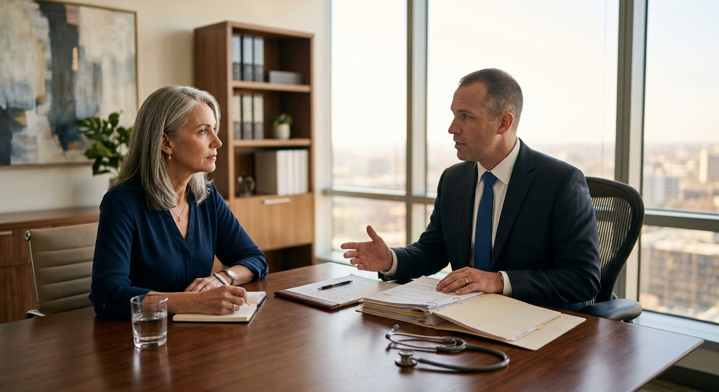 A medical malpractice lawyer consulting with a patient client in a modern law office