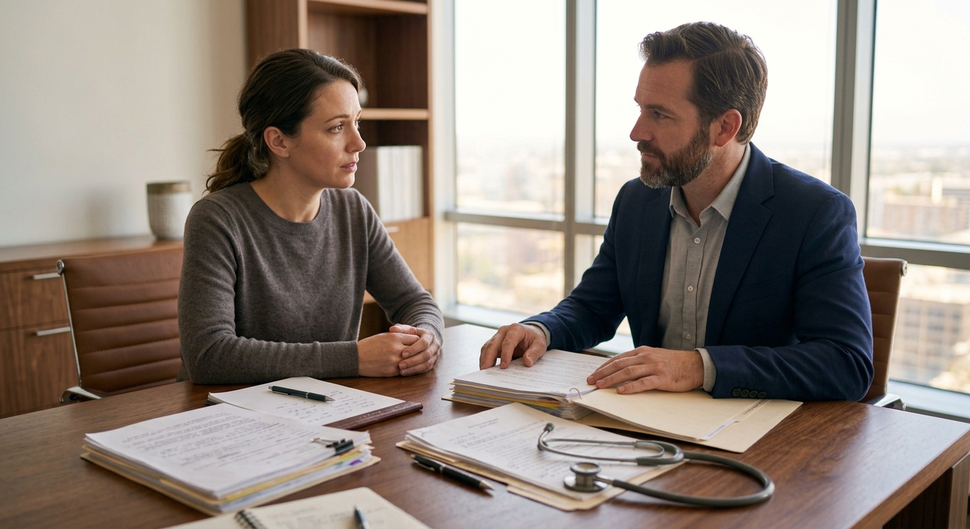 A patient meeting with a medical malpractice lawyer about a hospital injury claim