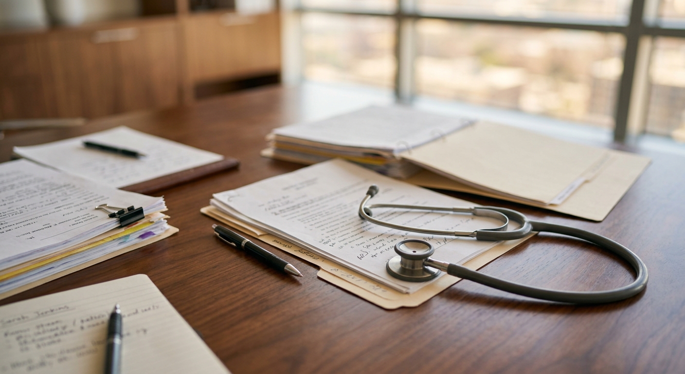 Medical records, a stethoscope, and legal case documents on a desk in a law office