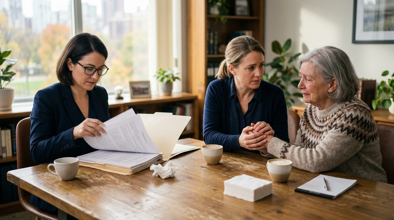 Mesothelioma lawyer comforting a family during a consultation about a wrongful death asbestos compensation claim
