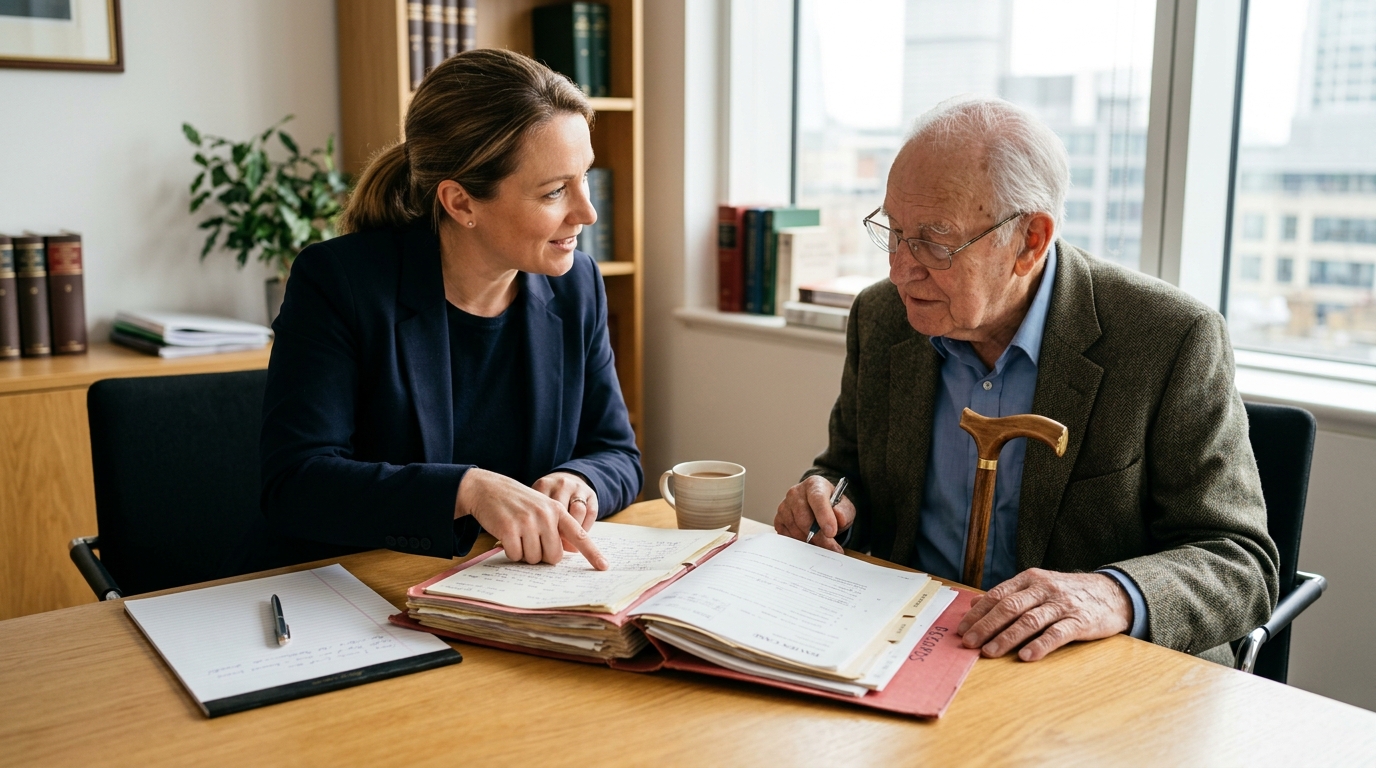 Mesothelioma lawyer reviewing diagnosis records and asbestos exposure history with an elderly client