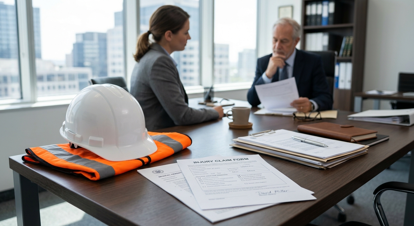 A construction worker helmet and injury claim paperwork with legal documents in a law office