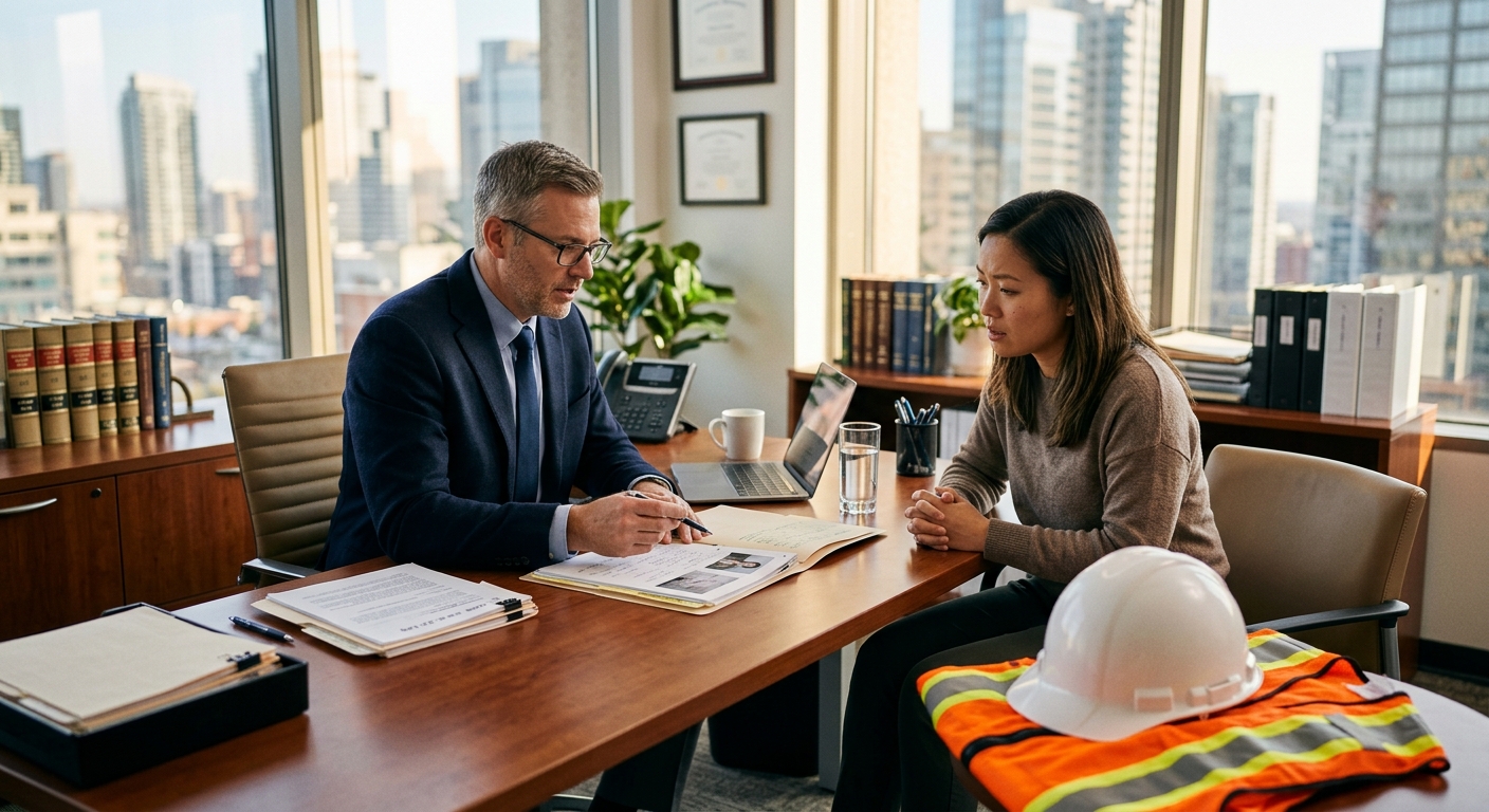 A workers compensation lawyer reviewing a workplace injury case with a client